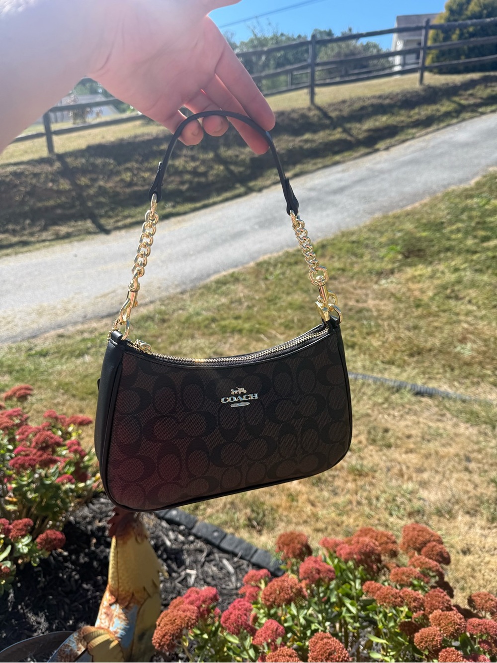 Coach Brown Signature Mini Shoulder Bag with Gold Hardware